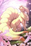 9_tails ambiguous_feral ambiguous_gender black_nose cherry_blossom day depth_of_field digitigrade feral flower forest fur grass light looking_up mouth_closed multi_tail outside plant pointy_ears prick_ears prunus_(flower) quadruped red_sclera ruff snout solo spring_(season) tail tan_body tan_ears tan_fur tan_tail tree white_eyes rumine nintendo pokemon canid canine generation_1_pokemon mammal ninetales pokemon_(species) 2025 2:3 hi_res lighting shaded