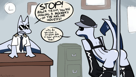 aircraft anthro armwear boeing_787 butt clock clothed clothing dancing duo female filing_cabinet latex latex_armwear latex_clothing latex_legwear legwear machine male male/female office partially_clothed pilot_uniform pole pole_dancing raised_tail stripper_pole tail text vehicle bunchasticks boeing cessna_208 cessna_aircraft_company puddle_jumper_(bunchasticks) roger_(bunchasticks) aeromorph living_aircraft living_machine living_vehicle 16:9 english_text hi_res widescreen