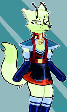 ambiguous_gender anthro armwear clothed clothing collar dress elbow_gloves fur gloves green_body green_fur handwear latex latex_clothing solo mossky sald_(saldyy) canid canine mammal 3:5 aliasing digital_media_(artwork)