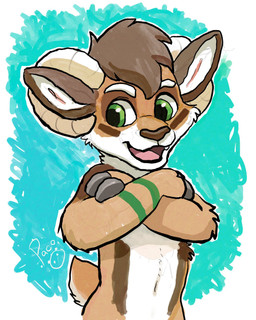 anthro arm_tuft brown_body brown_fur brown_hair brown_nose cheek_tuft elbow_tuft facial_tuft front_view fur green_eyes green_markings hair logo male male_anthro markings navel neck_tuft nude open_mouth open_smile pink_tongue short_hair simple_background smile solo tongue tuft white_body white_fur young young_anthro young_male pandapaco bovid caprine goat mammal artist_logo half-length_portrait hi_res portrait signature