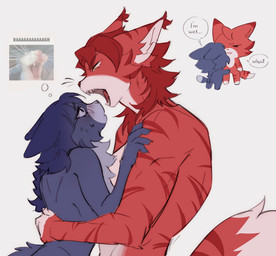 anthro aroused biped blue_hair blush braided_hair breasts chibi claws dipstick_tail dominant dominant_female duo ears_back eye_contact fangs female female/female fur grey_body grey_fur hair hug inner_ear_fluff looking_at_another looking_at_partner love markings narrowed_eyes neck_tuft nude open_mouth pivoted_ears red_hair romantic romantic_couple simple_background size_difference speech_bubble spiky_hair standing submissive submissive_female suggestive tail tail_markings talking_to_another talking_to_partner teeth thoughts tuft white_background chubberwocky abyssinian_cat domestic_cat felid feline felis maine_coon mammal hi_res meme multiple_scenes