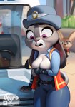 2022 anthro areola artist_name breasts buckteeth canid canine cleavage clothed clothing covering covering_breasts day disney duo exposed_breasts female fennec_fox fingers finnick_(zootopia) fox fur grey_body grey_fur hat headgear headwear hi_res judy_hopps lagomorph leporid long_ears looking_down male mammal multicolored_body multicolored_fur open_clothing open_mouth open_topwear outside patreon police police_uniform public purple_eyes qupostuv35 rabbit shocked solo_focus standing teeth thick_thighs topwear true_fox two_tone_body two_tone_fur uniform wardrobe_malfunction white_body white_fur wide_hips zootopia