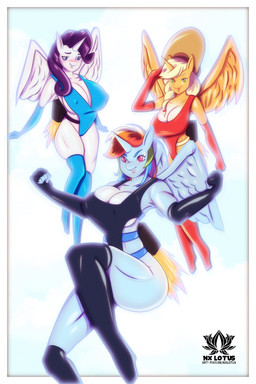 anthro big_breasts blush breasts cleavage clothed clothing cowboy_hat female group hat headgear headwear horn huge_breasts jet_pack leotard nipple_outline trio wings nxlotus friendship_is_magic hasbro my_little_pony mythology applejack_(mlp) rainbow_dash_(mlp) rarity_(mlp) equid equine mammal mythological_creature mythological_equine winged_unicorn 2:3 hi_res