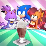 anthro beverage blue_body blue_fur brown_hair clothed clothing drinking_straw female fur gloves green_eyes group hair handwear male male/female milkshake purple_body purple_fur sharing_milkshake silly_straw simple_background smile trio white_clothing white_gloves white_handwear zettoart sega sonic_the_hedgehog_(series) sonic_x-treme blaze_the_cat sonic_the_hedgehog tiara_boobowski domestic_cat eulipotyphlan felid feline felis hedgehog mammal manx 1:1 absurd_res hi_res