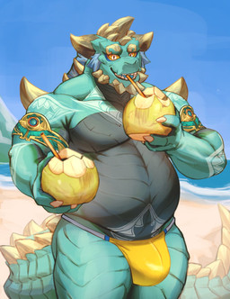 beach beverage biped bulge coconut coconut_drink drupe_(fruit) food fruit horn male musclegut muscular plant sand sea solo spikes standing teal_body teal_scales water lhjal2 lifewonders tokyo_afterschool_summoners cipactli_(tas) scalie hi_res
