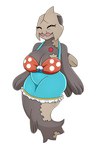 anthro big_breasts bottomwear breasts brown_body clothing eyes_closed female fin generation_3_pokemon hi_res huge_breasts nintendo open_mouth overalls pokeball pokemon pokemon_(species) relicanth shirt simple_background skirt solo topwear urusee584 white_background