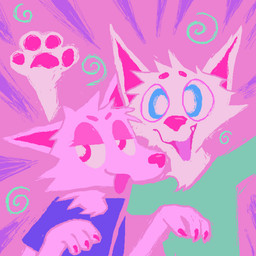 anthro clothing duo female male open_mouth open_smile pink_nose purple_clothing purple_shirt purple_t-shirt purple_topwear shirt smile t-shirt teal_clothing teal_shirt teal_t-shirt teal_topwear topwear demensa canid canine canis domestic_dog mammal 1:1 2024 bust_portrait hi_res pink_theme portrait