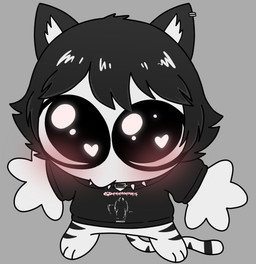 anthro black_hair bottomless bottomless_female chibi clothed clothing collar female glistening glistening_eyes glistening_hair hair heart_eyes heart_symbol hoodie huge_eyes humor short_hair solo spiked_collar spikes striped_legs topwear razval fototeta valeria_(razval) domestic_cat felid feline felis mammal hi_res