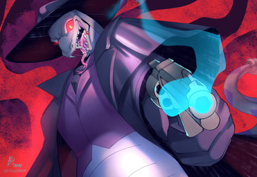 accessory anthro bodily_fluids clothed clothing collared_shirt cowboy_hat dress_shirt dripping duster_coat fangs gloves glowing glowing_eyes gun handgun handwear hat headgear headwear male necktie ranged_weapon revolver saliva saliva_drip shirt smoke solo teeth tongue tongue_out topwear weapon skerzzz hazbin_hotel hellaverse fan_character vorac pit_viper rattlesnake reptile scalie snake viper hi_res