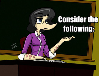 anthro black_hair blue_eyes book breasts classroom clothed clothing collared_shirt consider_the_following dress_shirt eyewear female glasses hair long_snout markings school shirt sitting snout solo teacher text topwear seven_(artist) cavemanon_studios i_wani_hug_that_gator ms._prockling dinosaur dromaeosaurid prehistoric_species reptile scalie theropod colored english_text impact_(font) reaction_image
