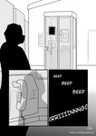 absurd_res anthro athletic athletic_anthro athletic_male canid canine catchingup codyf0xx comic digital_media_(artwork) duo electronics english_text hi_res liam_(codymathews) male mammal monochrome phone phone_booth romance_novel romantic silhouette solo text url