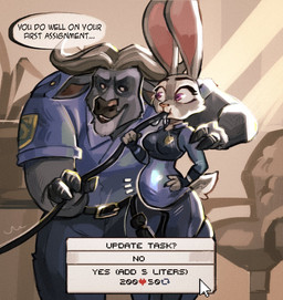 anthro belly belly_expansion blue_clothing clothing duo expansion female fur grey_body grey_fur hose hose_inflation inflation inside liquid_inflation male purple_eyes speech_bubble text water_inflation blacksisters disney zootopia chief_bogo judy_hopps bovid bovine buffalo cape_buffalo european_rabbit lagomorph leporid mammal oryctolagus rabbit 2024 english_text hi_res
