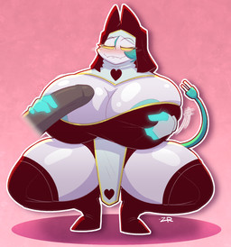 anthro areola big_breasts big_penis blush breasts cleavage clothed clothing crouching duo female genitals glistening huge_breasts huge_penis hyper male male/female masturbation nipple_fetish nipple_pinch nipple_play penis pinch smile smirk thick_thighs zixzs-redlight deltarune undertale_(series) tasque_manager tasque_manager_(nun) domestic_cat felid feline felis mammal hi_res
