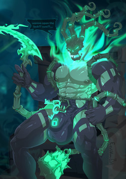 5_fingers abs balls_outline big_bulge big_muscles bone bulge clothed clothing detailed_bulge dialogue fingers genital_outline glistening glistening_body green_body green_eyes green_nipples green_skin holding_object holding_weapon huge_bulge key lamp lantern lock male muscular muscular_humanoid muscular_male nipples not_furry pecs penis_outline skull skull_head solo text underwear weapon eroskun league_of_legends riot_games tencent thresh ghost humanoid spirit 2021 absurd_res alternate_version_at_source english_text hi_res