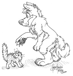 ambiguous_gender anthro claws digitigrade duo eyebrows fangs feet feral finger_claws fluffy fluffy_tail fur hindpaw leaning leaning_forward looking_up_at_another male nervous nude pawpads paws plantigrade raised_hackles smile smile_lines snout tail teeth toe_claws whisker_spots matrices_(artist) beef_jerky_(matrices) canid canine canis domestic_cat domestic_dog felid feline felis husky mammal nordic_sled_dog spitz 2006 dated monochrome pen_(artwork) signature traditional_media_(artwork)