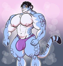 abs anthro big_bulge big_muscles big_pecs black_hair blue_body blue_fur bulge clothed clothing detailed_bulge fur fur_markings genital_outline green_eyes grin hair huge_pecs male markings muscular muscular_anthro muscular_male navel nipples pecs penis_outline smile solo standing thick_thighs thong underwear white_body white_fur ratchetjak pan_(sxfpantera) felid leopard mammal pantherine snow_leopard hi_res