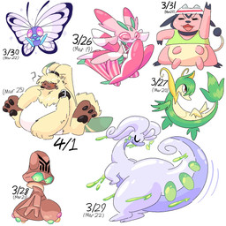 ahoge anthro belly belt butt clothing female feral fur group hair hair_over_eyes male nipples one_eye_closed overweight pawpads pink_body pink_fur ponytail_ears question_mark shaking_butt shirt sitting smile tank_top topwear wings wink yellow_body yellow_fur lycanthromance bandai_namco digimon nintendo pokemon angoramon beheeyem butterfree digimon_(species) generation_1_pokemon generation_2_pokemon generation_5_pokemon generation_6_pokemon generation_7_pokemon goodra lurantis miltank pokemon_(species) servine 1:1 hi_res