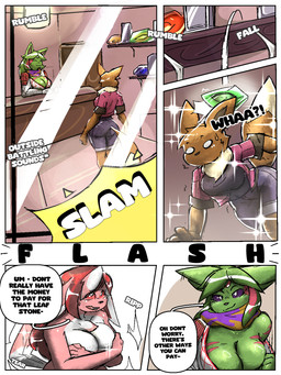 4_fingers anthro bottomwear breasts clothed clothed_anthro clothed_female clothing covering covering_breasts covering_self devious_grin dialogue duo evolution evolutionary_stone female fingers forked_tail front_view fully_clothed fully_clothed_anthro fully_clothed_female fur green_body green_fur green_tail imminent_sex markings onomatopoeia purple_sclera sound_effects standing store striped_markings striped_tail stripes tail tail_markings text topwear undressing unusual_anatomy unusual_tail white_eyes cindersticks nintendo pokemon cherra_(beagle) vee_(beagle) eevee eeveelution espeon generation_1_pokemon generation_2_pokemon generation_4_pokemon leafeon mammal pokemon_(species) 2025 3:4 comic digital_media_(artwork) english_text hi_res
