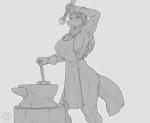 2017 anthro anvil apron big_breasts blacksmith breasts canid canine canis clothing fasttrack37d female gloves greyscale hammer handwear mammal monochrome muscular muscular_anthro muscular_female simple_background solo tail tools wolf