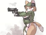 anthro bikini blush breasts clothing electronics female fingerless_gloves gloves gun handgun handwear hat headgear headphones headwear jacket pistol ranged_weapon shooting simple_background solo swimwear topwear two-piece_swimsuit weapon white_background yazawaowl canid canine fox mammal 4:3 animated short_playtime sound