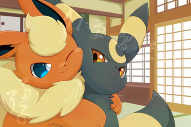 ambiguous_gender black_body black_fur blue_eyes duo feral fur hug inside kemono one_eye_closed orange_body orange_eyes orange_fur hirochanu nintendo pokemon eeveelution flareon generation_1_pokemon generation_2_pokemon pokemon_(species) umbreon 2025 3:2 hi_res
