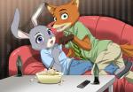 2016 alios anthro beverage big_butt bodily_fluids butt canid canine caught clothed clothing controller disney duo female food fox furniture judy_hopps lagomorph leporid looking_at_viewer male mammal nick_wilde popcorn rabbit red_fox remote_control soda sofa sweat sweatdrop true_fox zootopia