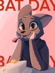 anthro black_body black_fur cake dessert food fur head_tuft light looking_at_viewer smile solo tuft enginetrap deke_(ittybittykittytittys) bat mammal 2022 digital_media_(artwork) hi_res lighting shaded