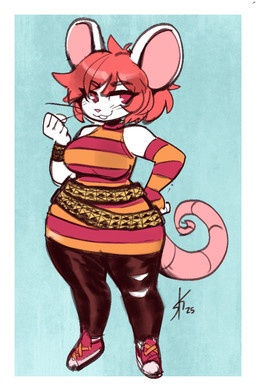 anthro arm_warmers armwear big_ears biped blue_background breasts buckteeth clothed clothed_anthro clothed_female clothing female fist fist_on_hip footwear fully_clothed fully_clothed_anthro fully_clothed_female fur geometric_background hair legwear looking_at_viewer pantyhose pattern_arm_warmers pattern_armwear pattern_clothing pupils red_clothing red_eyes red_footwear red_hair red_shoes shoes simple_background sleeveless_topwear smile smirk solo striped_arm_warmers striped_armwear striped_clothing stripes tail teeth thick_thighs torn_clothing torn_legwear torn_pantyhose whiskers white_body white_fur wide_hips wristband stylusknight emz_(leonthezorua) mammal mouse murid murine rodent 2025 digital_media_(artwork) hi_res signature