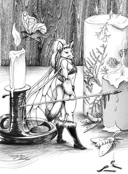 ambiguous_gender anthro breasts candle clothed clothing death feathers female feral group hair long_hair melee_weapon polearm solo_focus spear weapon wings megan_giles arthropod canid canine fox hybrid insect lepidopteran mammal moth 2000 monochrome traditional_media_(artwork)