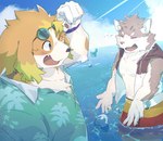 aloha_shirt anthro beach blonde_hair bottomwear clothing duo eyewear fur grey_body grey_fur hair male pattern_clothing pattern_shirt pattern_topwear seaside shirt shorts splash sunglasses topwear water sakehabera lifewonders live_a_hero tokyo_afterschool_summoners hisaki_(live_a_hero) sitri_(tas) canid canine canis domestic_cat domestic_dog felid feline felis mammal crossover