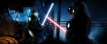 anthro blue_lightsaber duel duo glowing horn lightsaber machine male mask melee_weapon red_lightsaber space tail weapon geewolf star_wars protogen 2023 digital_media_(artwork) hi_res signature
