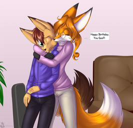 5_fingers anthro arm_around_neck black_body black_fur black_nose bottomwear breasts clothed clothing dipstick_tail duo eyes_closed eyewear female fingers fur furniture glasses hair hoodie hug inside long_hair male markings multicolored_body multicolored_fur multicolored_tail one_eye_closed open_mouth orange_body orange_fur pants plant smile speaker sweater tail tail_markings text topwear two_tone_body two_tone_fur white_body white_fur mancoin foxyverse amber_(mancoin) go1den_(wanda_fan_one_piece) canid canine canis domestic_dog fox mammal digital_media_(artwork) hi_res