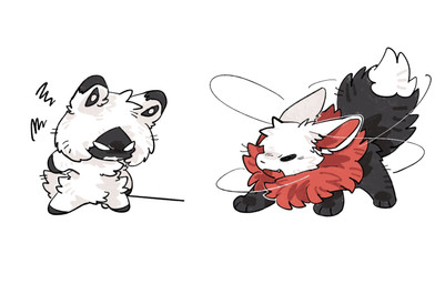 ambiguous_gender black_body black_eyes black_fur duo empty_eyes feral fluffy fluffy_tail fur looking_at_another open_mouth paws quadruped red_body red_fur sharp_teeth simple_background tail teeth thread tongue white_background white_body white_eyes white_fur aaasakawa hollow_knight:_silksong hollow_knight_(franchise) team_cherry hornet_(hollow_knight) lace_(hollow_knight:_silksong) felid feline mammal 2026 hi_res