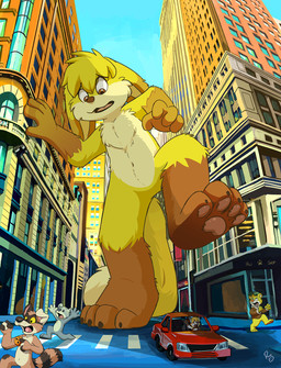 anthro biped blonde_hair brown_body brown_eyes brown_fur building cheek_tuft chest_tuft day digitigrade driving_car extreme_size_difference facial_tuft featureless_crotch front_view fur glistening glistening_eyes gloves_(marking) group hair imminent_crush leg_markings logo low-angle_view macro male male_anthro markings nude nude_anthro nude_male open_mouth outdoor_nudity outside perspective public public_nudity short_hair size_difference socks_(marking) tuft yellow_body yellow_fur young young_anthro young_male pandapaco bear canid canine mammal artist_logo digital_drawing_(artwork) digital_media_(artwork) hi_res signature