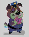 anthro belly bottomwear brown_body brown_fur chibi clothing dessert doughnut eating food fur male overweight overweight_anthro overweight_male pants pastry police police_hat police_officer_eating_donut police_uniform shirt solo topwear uniform kittykatmaniac animal_crossing nintendo booker_(animal_crossing) canid canine canis domestic_dog mammal 2020