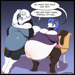 anthro belly bench big_belly big_breasts black_body black_fur blue_eyes blue_hair both_pregnant bottomwear breasts clothing duo ear_piercing ear_ring eyes_closed eyewear female fur glasses hair huge_belly huge_breasts jacket multiple_pregnancies navel nipple_outline open_mouth outie_navel pants piercing pregnant profanity ring_piercing shirt shorts sitting speech_bubble text thick_thighs topwear white_body white_fur deonwolf aura_(zephr) ebra_(zephr) bear canid canine canis domestic_dog giant_panda great_pyrenees livestock_guardian_dog mammal molosser mountain_dog pastoral_dog 1:1 2022 digital_media_(artwork) english_text hi_res