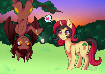 brown_hair duo equiline female feral food fruit hair horn pineapple plant sunset young young_feral cinnamama hasbro my_little_pony mythology ellie_(sweetvixenellie) bat_pony equid equine mammal mythological_creature mythological_equine unicorn