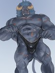 abs anthro bulge clothed clothing clothing_pull fur grey_body grey_fur grey_hair hair horn male muscular muscular_anthro muscular_thighs navel nipples pecs scar scars_all_over solo thong thong_pull topless tusks underwear underwear_pull fug@9 lifewonders tokyo_afterschool_summoners krampus_(tas) monster 3:4