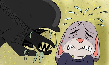 ambiguous_gender anthro black_head blue_clothing blue_sweater blue_topwear bodily_fluids clothed clothing dotted_background duo ears_back eyes_closed female female_anthro grey_ears grey_head grimace inner_mouth nested_mouth open_mouth orange_inner_ear orange_nose pattern_background pivoted_ears saliva sharp_teeth simple_background sweat sweatdrop sweater teeth topwear unusual_anatomy yellow_background yellow_teeth rumcoat alien_(franchise) disney zootopia judy_hopps alien european_rabbit lagomorph leporid mammal oryctolagus rabbit xenomorph absurd_res digital_media_(artwork) headshot_portrait hi_res portrait