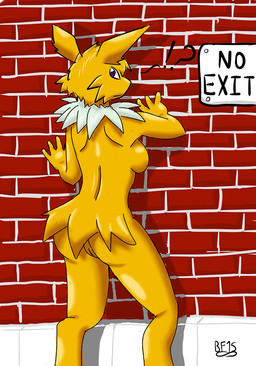 against_surface against_wall anthro anthrofied biped breasts brick_wall butt exclamation_point female fur genitals interrobang leaning_on_wall looking_at_viewer looking_back nude pokemorph purple_eyes question_mark rear_view shadow side_boob solo standing text vulva wall_(structure) yellow_body yellow_fur battle_fennec nintendo pokemon eeveelution generation_1_pokemon jolteon mammal pokemon_(species) digital_media_(artwork) english_text