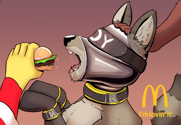 anthro bdsm bondage bondage_gear bondage_gloves bound burger clothing collar food gimp_mask handwear humor male mask lukabun mcdonald's mammal procyonid raccoon hi_res