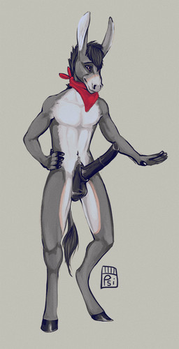 animal_genitalia animal_penis anthro athletic athletic_anthro athletic_male balls black_hair countershade_crotch countershade_face countershade_neck countershade_torso countershading equine_genitalia equine_penis erection fur genitals grey_body grey_fur hair hand_on_hip hooves kerchief kerchief_only long_ears male male_anthro medial_ring mostly_nude mostly_nude_anthro mostly_nude_male penis sheath simple_background solo standing tail i-psilone rdonkey asinus donkey equid equine mammal 2015