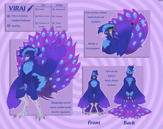 anthro ball_tuft balls beak blue_body chain chest_tuft dark_sclera feathered_crest feathers feet genitals glans gradient_body hair head_crest humanoid_genitalia magic magic_user male penis ponytail pupils scales slit_pupils solo spread_tail spurs storage talons text toes tuft weapon wielding_weapon winged_arms wings asderat avian bird galliform indian_peafowl peafowl phasianid english_text hi_res model_sheet