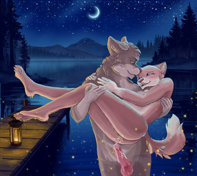 4_toes 5_fingers anthro balls belly big_belly black_nose bodily_fluids breasts bridal_carry butt carrying_another crescent_moon cum cum_from_vagina cum_in_vagina cum_inside duo erection feet female fingers fur genital_fluids genitals grey_body grey_fur hindpaw huge_belly humanoid_hands interspecies interspecies_romance lake love male male/female moon night nude nude_anthro nude_female nude_male outdoor_nudity outside paws penis pink_body pink_fur pregnant pregnant_anthro pregnant_female pregnant_sex romantic romantic_ambiance romantic_couple romantic_night sex skinny_dipping sky star starry_sky toes vulva water dara_isa ambient_arthropod ambient_firefly ambient_insect canid canine canis domestic_cat felid feline felis mammal wolf absurd_res hi_res
