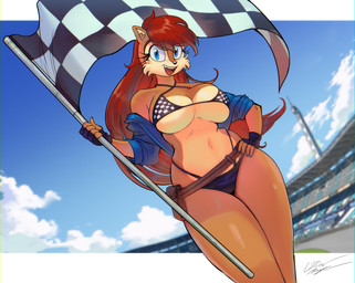 anthro belt belt_pouch big_breasts bikini biped blue_clothing blue_eyes blue_jacket blue_nails blue_outerwear blue_topwear breasts brown_body brown_fur checkered checkered_clothing checkered_flag checkered_topwear cheek_tuft clothed clothing cloud colored_nails curvy_figure dutch_angle eyebrow_through_hair eyebrows eyelashes eyelashes_through_hair facial_tuft female fingerless_gloves fisheye_lens flag flag_(object) fur gloves hair hand_on_hip handwear holding_flag holding_object hourglass_figure inner_ear_fluff jacket looking_at_viewer multicolored_body nails open_clothing open_jacket open_topwear outside pattern_clothing pattern_topwear race_queen red_hair sky smile solo stadium standing swimwear thick_thighs topwear translucent translucent_hair triangle_bikini tuft two-piece_swimsuit two_tone_body under_boob wide_hips azul35art archie_comics sega sonic_the_hedgehog_(archie) sonic_the_hedgehog_(comics) sonic_the_hedgehog_(series) sally_acorn chipmunk ground_squirrel mammal rodent sciurid 2025 absurd_res digital_drawing_(artwork) digital_media_(artwork) hi_res portrait signature three-quarter_portrait