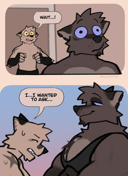 2_panel_comic anthro arm_markings arm_warmers armwear blue_sclera bodily_fluids brown_body chest_tuft clothed clothing derp_eyes dialogue duo ear_piercing looking_at_another male markings muscular pecs piercing shirt shoulder_markings speech_bubble sweat tank_top topless topless_male topwear tuft yellow_sclera rygel_spkb milo_(rygel_spkb) yoby_(rygel_spkb) canid canine canis domestic_dog mammal wolf absurd_res comic hi_res multiple_scenes