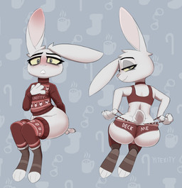 anthro big_butt biped blue_eyes blush bottomless bottomwear bra butt cheek_tuft choker clothed clothing eye_bags eyeliner facial_tuft femboy footwear fur g-string half-closed_eyes hand_on_chest head_tuft holidays hotpants jewelry kneeling legwear looking_at_viewer looking_back looking_back_at_viewer makeup male narrowed_eyes necklace pattern_background rear_view shirt shorts simple_background sitting socks solo sports_bra stockings suggestive sweater text text_on_bottomwear text_on_clothing text_on_hotpants text_on_shorts text_on_sweater text_on_topwear text_on_underwear thigh_highs thigh_socks thong thong_straps toeless_legwear topwear tuft underwear white_body white_fur wide_hips yellow_sclera yitexity christmas disney zootopia fan_character texi_(yitexity) lagomorph leporid mammal rabbit 2019 absurd_res digital_media_(artwork) english_text hi_res