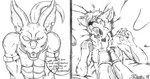 abs anthro armband bodily_fluids bracelet claws dialogue duo ear_piercing eye_contact facial_hair fangs footprint fur goatee hair jewelry looking_at_another male nipples nude open_mouth pawprint pawprint_tattoo piercing raised_tail speech_bubble tail tattoo tears teeth text tongue tongue_out marcushunter dragon_ball dragon_ball_super beerus marcus_hunter canid canine canis domestic_cat felid feline felis mammal wolf 2019 english_text multiple_images