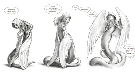 anthro apode back_wings clothed clothing dialogue feathered_wings feathers female gender_transformation human_to_anthro legless looking_down looking_down_at_self mtf_transformation open_mouth scales serpentine shadow simple_background smile solo species_transformation speech_bubble standing text transformation transformation_sequence white_background wings 12-tf terralux draconcopode naga 2019 english_text hi_res monochrome shaded