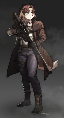 anthro clothed clothing female fur gun ranged_weapon simple_background solo standing weapon pgm300 fallout microsoft canid canine mammal 2020 absurd_res digital_media_(artwork) hi_res shaded